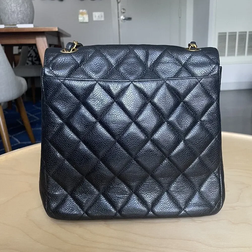 Chanel Caviar Medium Square Flap Crossbody Bag Classic Black Leather Gold CC